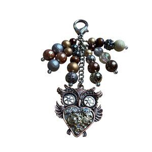 Steampunk Owl Keychain Beaded Multicolor 5.25 inches